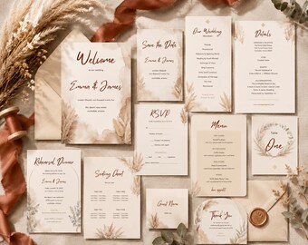 Boho Wedding Bundle Template | Editable Wedding Invitation Suite | Pampas Grass Wedding Signs | Instant Download | Canva Template
