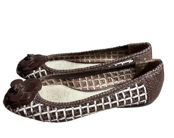Geox Respira Brown White Woven Leather Floral Ballet Flats Womens 9.5 Round Toe