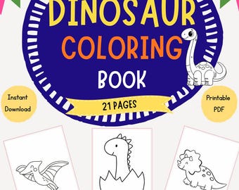 May include: A digital dinosaur coloring book with 21 pages. The cover features a dark blue circle with yellow text reading DINOSAUR COLORING BOOK and a white dinosaur illustration. Below are six black and white dinosaur line art drawings.