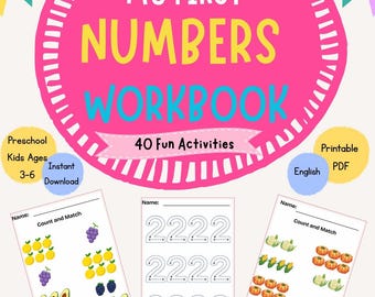 May include: A digital workbook titled My First Numbers Workbook with 40 fun activities. The cover features a large pink circle with colorful bunting. Included are sample pages showing number tracing, counting, matching, and number maze exercises.