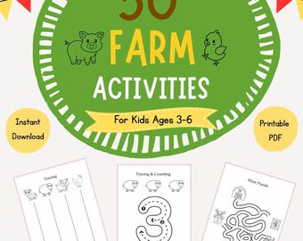 May include: A digital activity pack titled 50 FARM ACTIVITIES For Kids Ages 3-6, featuring a green circular badge with farm animal illustrations. The set includes six printable worksheets with black and white line art for tracing, counting, matching, and maze puzzles.