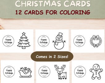 May include: A set of 12 Christmas cards for coloring featuring black and white line art designs. Each card includes a circular Happy Holidays emblem and a festive icon such as a tree, snowman, wreath, sleigh, reindeer, or gingerbread person.