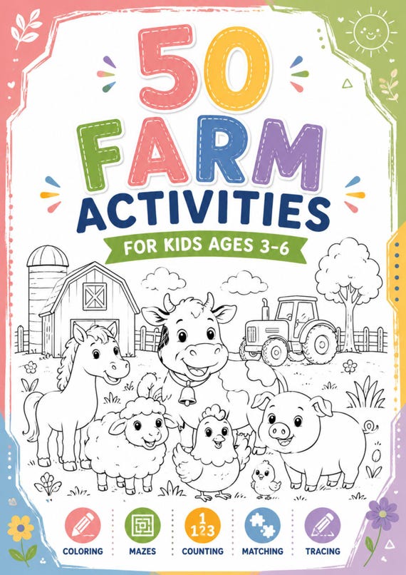Farm Activity Book for Kids Ages 3-6, Printable Farm Animals Coloring Pages, Preschool Counting Worksheets PDF, Toddler Logic Games