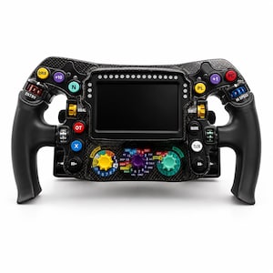 May include: A black carbon fiber racing steering wheel featuring a central digital display screen, numerous multi-colored buttons labeled with text like DRS, PL, and PC, and several rotary dials in yellow, purple, and teal for vehicle control.