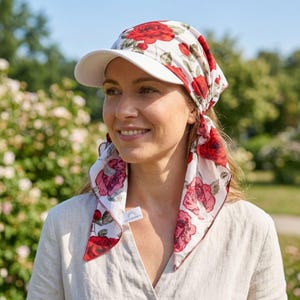 Peut inclure: Un foulard blanc à motif floral de roses rouges avec une visière blanche unie. Le tissu comporte une petite étiquette rectangulaire blanche avec le texte LULU'S SUNSETS imprimé en noir. Le foulard se noue à l'arrière par deux longs pans.