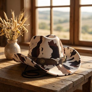 Brown & Ivory Beige Cow Print Brown Band Western Cowboy Hat NWT Cow Print Hat Band with Silver Tone Charm in Brown, and  main image 4
