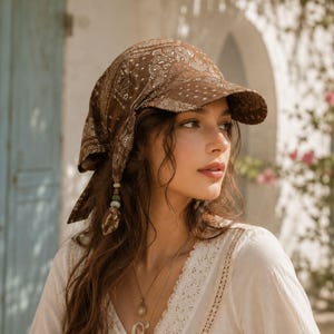 Puede incluir: Una gorra estilo bandana de color marrón con un estampado de cachemir blanco. La prenda incluye una visera rígida y largas cintas de tela que cuelgan por el lateral, adornadas con pequeñas cuentas redondas multicolores en los extremos.