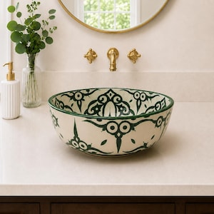 Pia de cerâmica redonda com detalhes em arabesco verde, pintada à mão, estilo marroquino, para bancada de banheiro, decoração para casa.