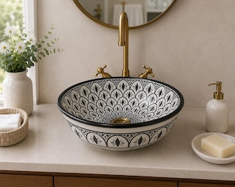 Lavabo marroquí de cerámica en blanco y negro, lavabo redondo de cerámica pintado a mano, lavabo de encimera con diseño de abanico para baño.