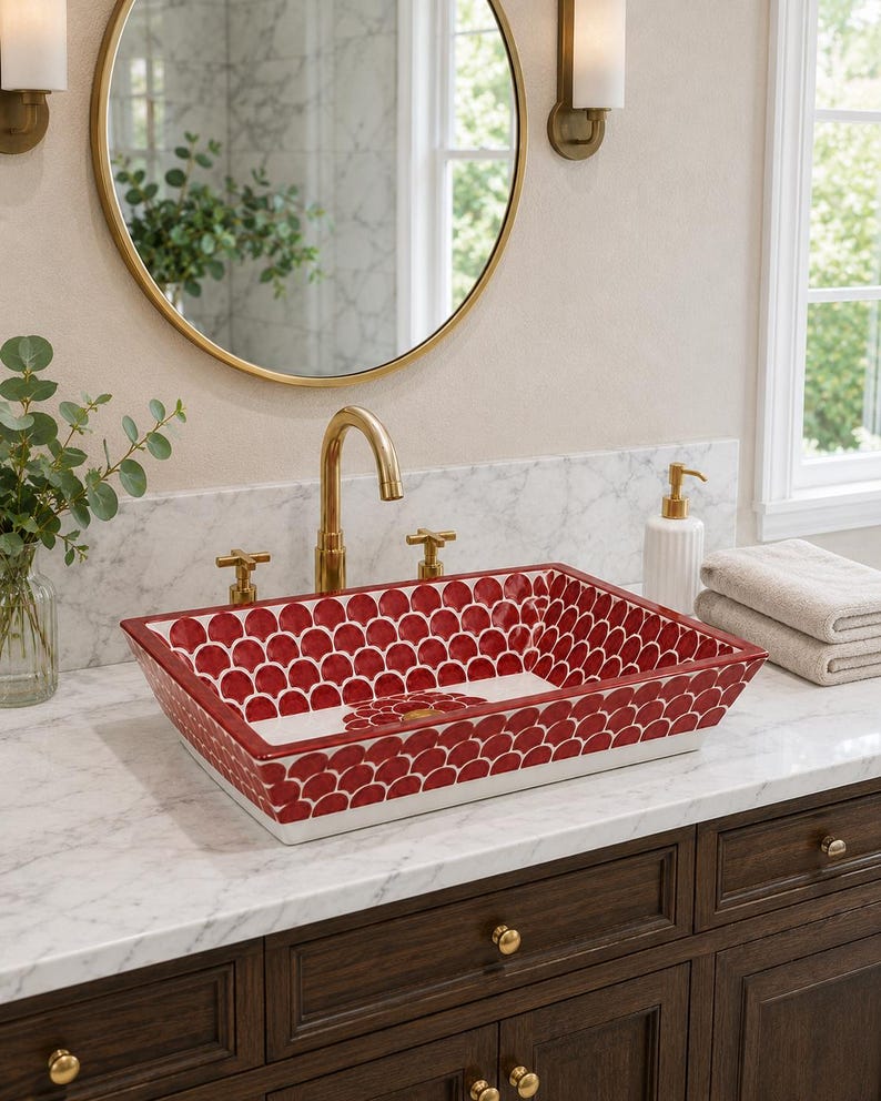 May include: A rectangular vessel sink featuring a repeating red and white scalloped pattern on the interior and exterior surfaces. The sink is equipped with a gold-toned tap and two matching cross-handle knobs, set against a white marble countertop.
