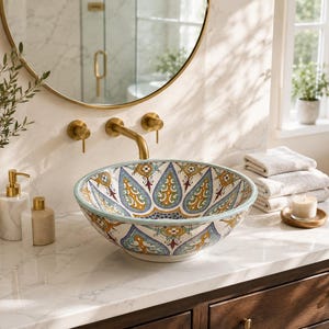 May include: A round ceramic vessel sink featuring a colorful, intricate pattern of blue, yellow, and white teardrop shapes. The basin sits on a white marble countertop next to a gold faucet, a marble soap dispenser, and a stack of folded white towels.