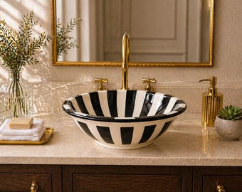 Black and White Ceramic Sink, Hand Painted Striped Round Vessel Basin, Boho Countertop Bathroom Sink