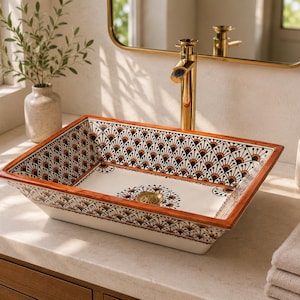 Terracotta Rim Moroccan Pottery Sink, Rectangular Hand Painted Ceramic Vessel Basin, Fan Pattern Countertop Bathroom Sink