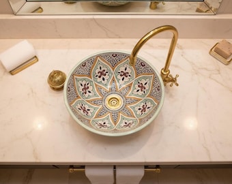 Moroccan Ceramic Vessel Sink, Hand Painted Floral Bathroom Basin, Round Countertop Vanity Sink