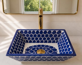Blue Scallop Moroccan Pottery Sink, Rectangular Hand Painted Ceramic Vessel Basin, Fish Scale Countertop Bathroom Sink