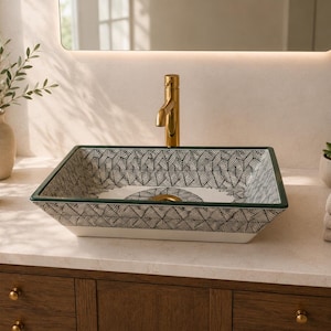 Green Rim Moroccan Pottery Sink, Rectangular Hand Painted Ceramic Vessel Basin, Black White Herringbone Countertop Bathroom Sink