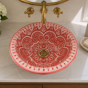 Różowo-czerwona marokańska umywalka ceramiczna, okrągła, ręcznie malowana ceramiczna umywalka nablatowa, umywalka łazienkowa z motywem kwiatowym Paisley