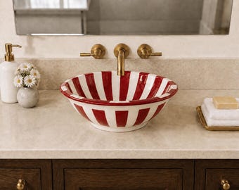 Red White Striped Ceramic Sink, Round Hand Painted Vessel Basin, Moroccan Pottery Bathroom Bowl, Countertop Vanity Sink