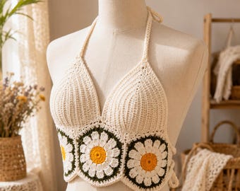 Crochet Daisy Halter Top Pattern, Granny Square Bralette Tutorial (PDF Download)