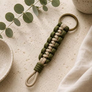 May include: A keychain featuring a braided paracord design in olive green and beige. The cord is woven into a thick, textured pattern and attached to a circular antique brass metal ring at the top, ending in a simple loop at the bottom.