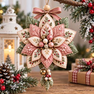 Peut inclure: Une décoration de Noël suspendue en forme de fleur de poinsettia à plusieurs niveaux. Les pétales sont en tissu matelassé dans des tons rose poudré, crème et vert sauge, avec des détails botaniques brodés. Une clochette dorée est suspendue.