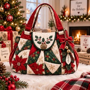 Könnte beinhalten: Eine gesteppte Handtasche mit festlichem Weihnachtsmuster aus roten Weihnachtssternen, grünen Stechpalmenblättern und goldenen Schneeflocken auf cremefarbenem Grund. Die Tasche hat eine mittige Klappe mit Zierknopf, zwei Henkel und einen Anhänger.