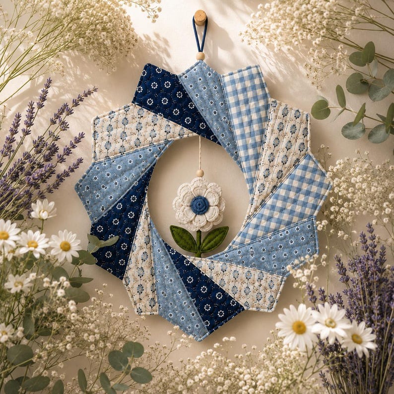 May include: A circular fabric wreath featuring a starburst pattern of blue and white quilted panels in floral, gingham, and solid prints. A small, three-dimensional white fabric flower with a blue center and green leaves hangs in the center.