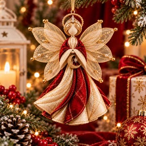 May include: A hanging angel ornament featuring a cream and deep red velvet gown with gold stitching. The angel has sheer, gold-trimmed wings, a gold halo, and holds a small gold crescent moon charm with a star at the center of the chest.