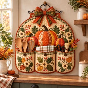 Patron PDF de rangement mural en forme de citrouille matelassée, patron de couture pour rangement de cuisine d'automne | Patron de courtepointe à appliquer pour décoration de récolte