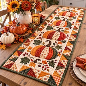 May include: A quilted table runner featuring a repeating pattern of pumpkins, autumn leaves, and berries in shades of orange, red, green, and cream. The runner has a geometric border with triangular patches in matching seasonal colours and textures.