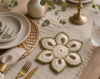 Crochet Flower Coaster Pattern PDF, Openwork Leaf Petal Motif, Step by Step Photo Tutorial, US Terms, Instant Download, Cotton Coaster
