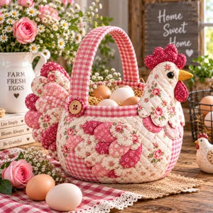 Puede incluir: Una cesta de tela acolchada con forma de gallina, con un asa y detalles corporales de cuadros vichy rosas y blancos. La cesta está decorada con motivos florales en tonos rosas y blancos, con un botón de madera en la sujeción lateral del asa.
