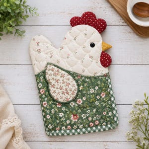 Quilted Chicken Pot Holder Sewing Pattern, Chicken Hot Pad PDF Tutorial, Chicken-Shaped Potholder with Pocket, Digital Download