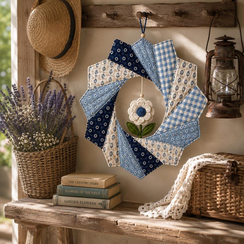May include: A fabric wreath featuring a starburst pattern of blue and white quilted panels in floral, gingham, and solid prints. A small, cream-colored fabric flower with a blue center and green leaves hangs from the center of the circular opening.