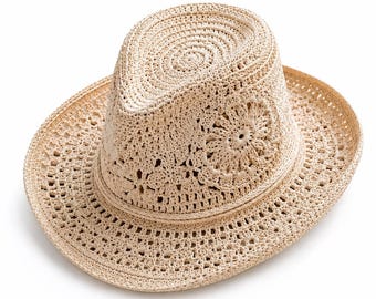 Crochet Sun Hat Pattern PDF, Floral Lace Wide Brim Summer Hat, Boho Beach Hat Crochet Pattern, Instant Download, US Terms Photo Tutorial