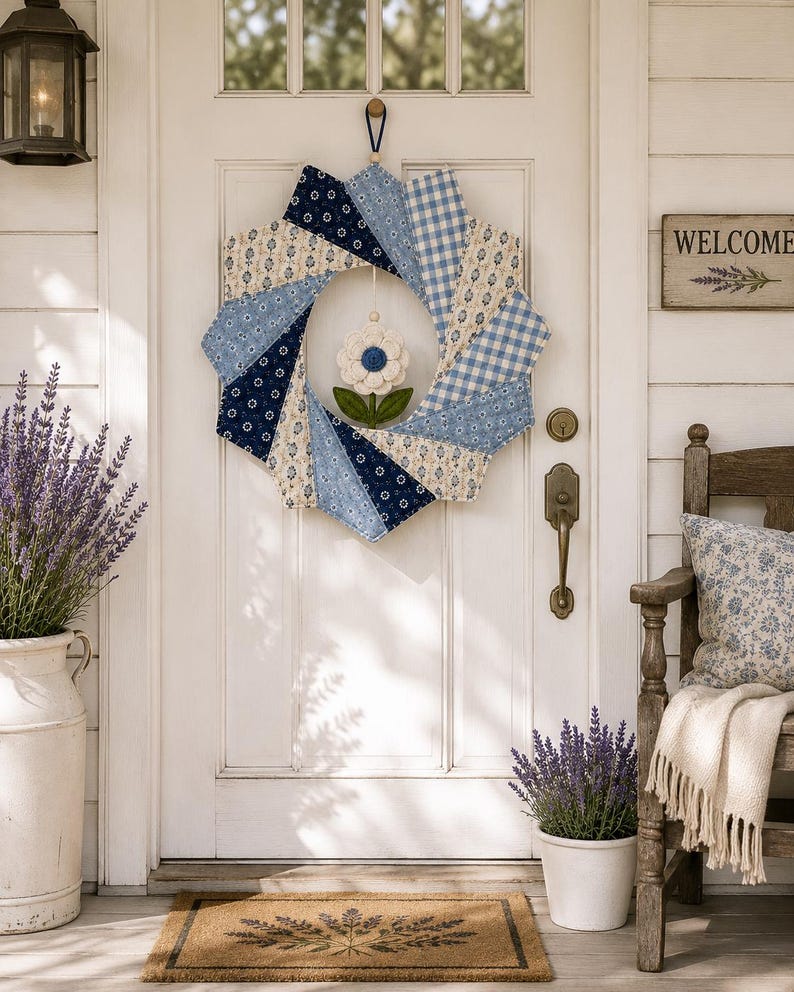 May include: A circular fabric wreath featuring a pinwheel design made of alternating blue and white patterned cotton segments. A small, white crocheted flower with a dark blue center and green leaves hangs from the center of the wreath.