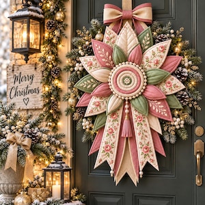 May include: A decorative festive wreath featuring a central star-shaped fabric ornament with pink, cream, and sage green floral patterns. The ornament is accented with a beaded centre, a hanging tassel, and a large bow at the top, all mounted on a lush evergreen base with pinecones, gold ornaments, and white berries.