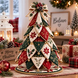 May include: A quilted fabric Christmas tree decoration featuring layered, diamond-shaped panels in red, green, and cream. The panels are adorned with embroidered poinsettias, holly leaves, and snowflakes, accented with small gold bells and a bow topper.