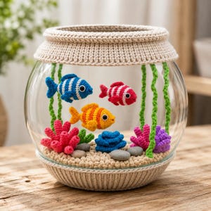 Peut inclure: Un bocal à poissons en verre avec un bord et une base en crochet beige, contenant trois poissons au crochet bleu, rouge et orange à rayures blanches, des algues en crochet vert, du corail en crochet coloré et des galets gris sur un lit beige.