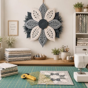 Op de afbeelding: Een stoffen wanddecoratie in de vorm van een bloem met gelaagde bloemblaadjes in crème, lichtgrijs en donkergrijs, voorzien van gestikte bladpatronen en een opgerold midden, in een naaikamer met stapels stof en een naaimachine.
