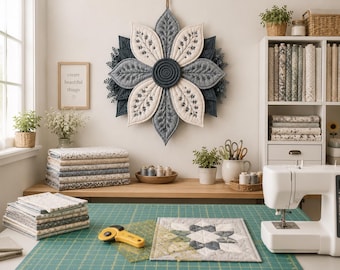 May include: A wall-mounted fabric flower decoration featuring layered petals in shades of cream, light grey, and dark charcoal with stitched leaf patterns and a coiled centre, displayed in a craft room with fabric stacks and a sewing machine.