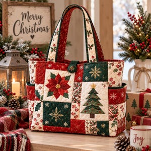 May include: A quilted tote bag featuring a patchwork design with red, green, and cream fabric panels. The pattern includes printed poinsettias, Christmas trees, and gold snowflakes. It has two fabric handles and a single button closure at the top.