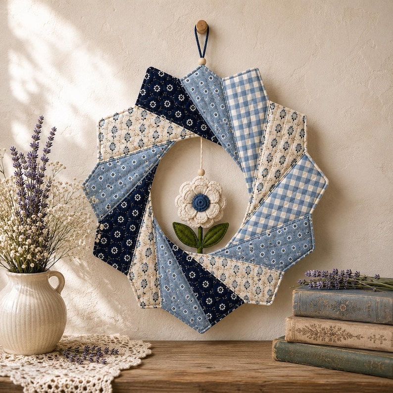 May include: A circular fabric wreath featuring a patchwork design of navy blue, light blue, and cream floral and gingham patterns. A small, cream-colored fabric flower with a dark blue center and green leaves hangs from the center of the wreath.