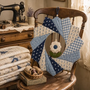 May include: A circular fabric wreath constructed from quilted panels in shades of navy blue, light blue, and cream with floral and gingham patterns. A small, cream-colored fabric flower with a dark blue center and green leaves hangs in the center.