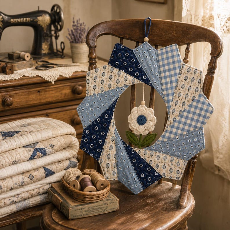 May include: A circular fabric wreath constructed from quilted panels in shades of navy blue, light blue, and cream with floral and gingham patterns. A small, cream-colored fabric flower with a dark blue center and green leaves hangs in the center.