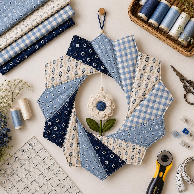 May include: A circular fabric wreath constructed from quilted panels in shades of blue, white, and cream, featuring floral and gingham patterns. A central felt flower with a blue center and green leaves hangs from the top. Sewing supplies surround it.