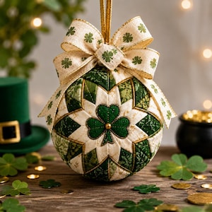 May include: A quilted fabric ornament featuring a star-shaped pattern in shades of green and cream, centered with a dark green shamrock appliqué. The ornament is topped with a cream-colored ribbon bow printed with small green shamrocks.