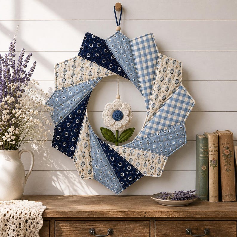 May include: A circular fabric wreath featuring a starburst pattern of quilted panels in shades of navy blue, light blue, and cream with floral and gingham prints. A small, crocheted white flower with a blue center hangs in the center.