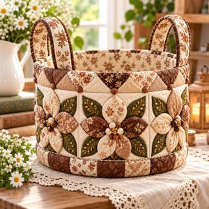 May include: A round fabric basket featuring quilted construction with two upright handles. The exterior is decorated with three-dimensional floral appliqués in shades of brown, cream, and dark green, accented with small beads at the centers.