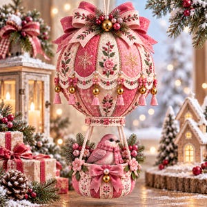 Può includere: Un ornamento a forma di mongolfiera in tessuto trapuntato nei toni del rosa e crema, con ricami floreali, perline dorate e nappe. Un piccolo uccellino rosa siede nel cestino, decorato con fiocchi rosa, fiori e fogliame verde.